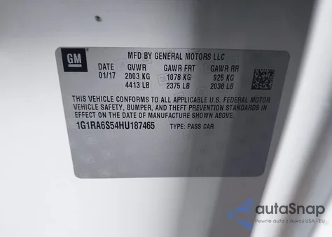 2017 Chevrolet Volt Lt z USA, uszkodzony, nr VIN 1G1RA6S54HU187465